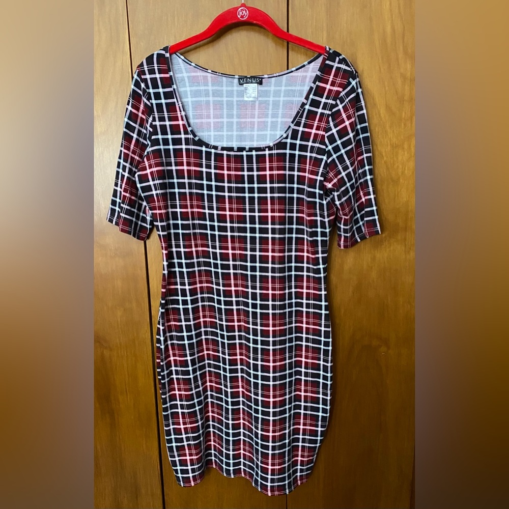 VENUS plaid, cotton, spandex dress. 17.5 in accross. 28.5 in neckline to bottom